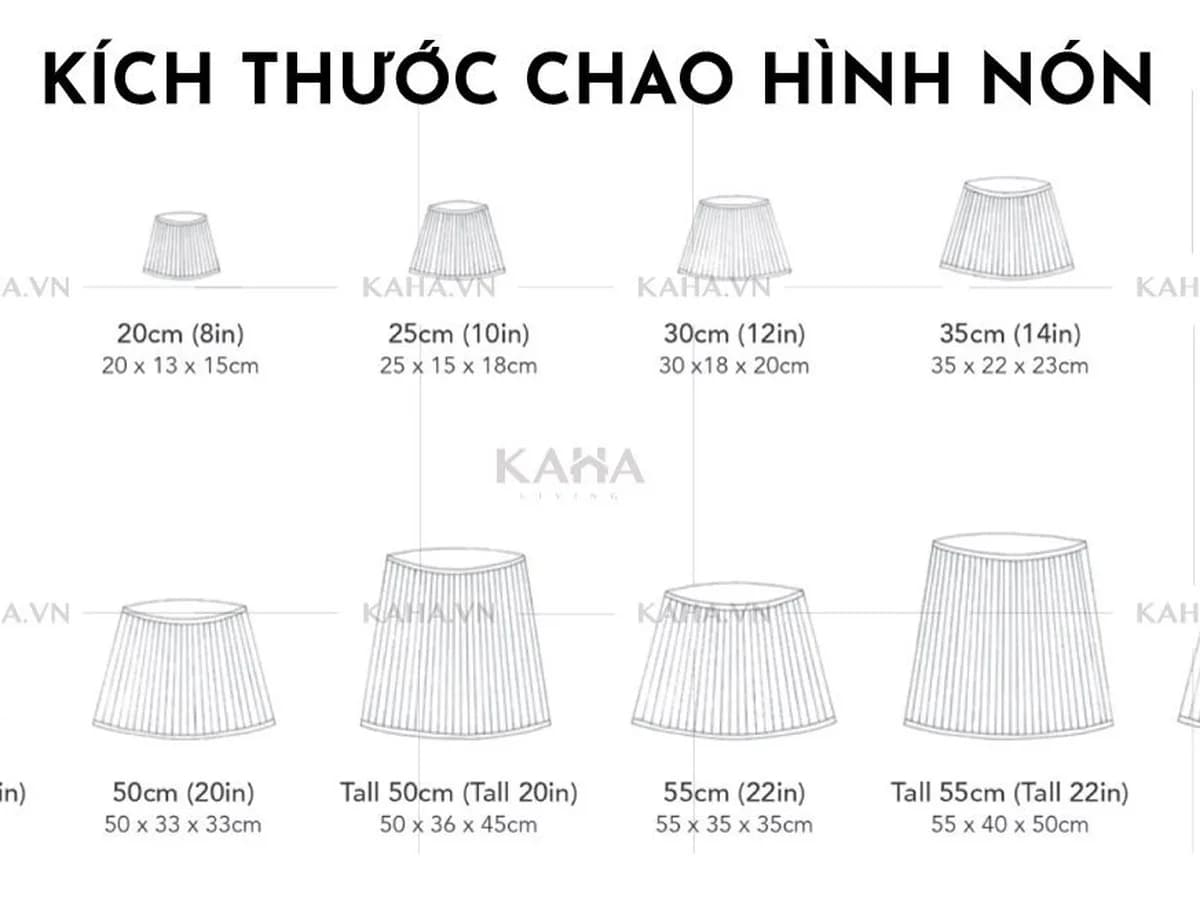 A reference size chart used at KAHA's workshop, showing how shade diameters are laid out across sizes