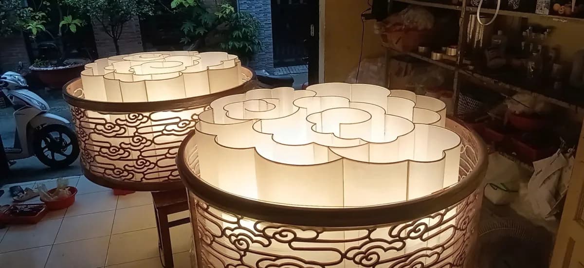đèn vải size lớn trụ drum hoa bông trắng thắp sáng ban đêm kaha