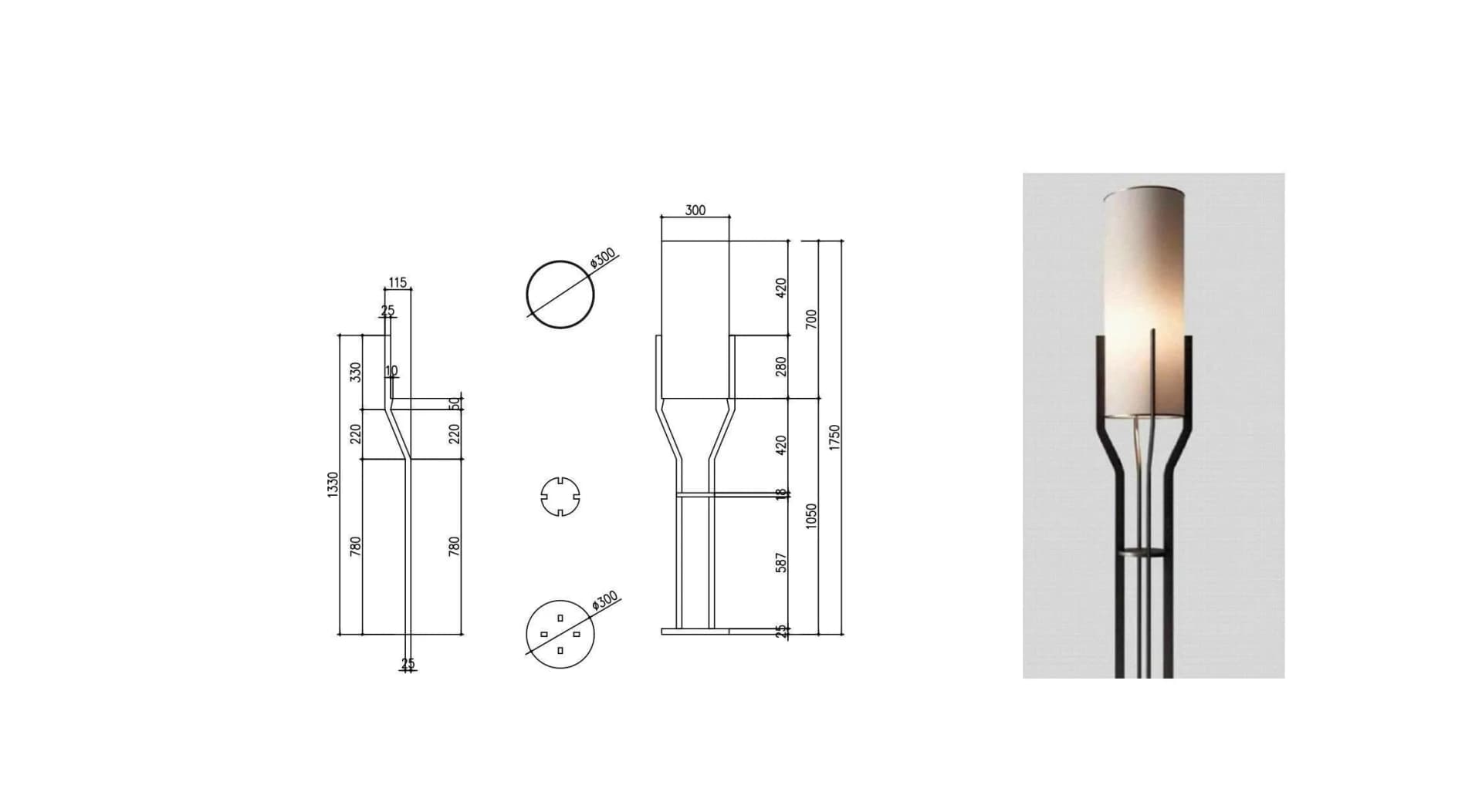 Đèn sàn trụ vải Ø300mm — cao 1750mm, chân kim loại