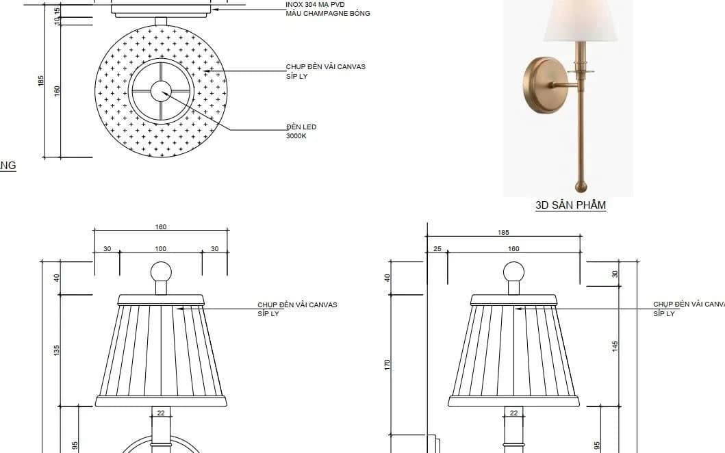 Bản vẽ đèn tường vải xếp ly canvas — tham chiếu cấu trúc khung sắt và chao vải Indochine