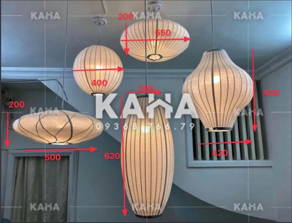 kích thước 5 mẫu đèn vải hot trend kaha 2026 đĩa D550 cầu D400 oval D620 hoa D500 lồng D450
