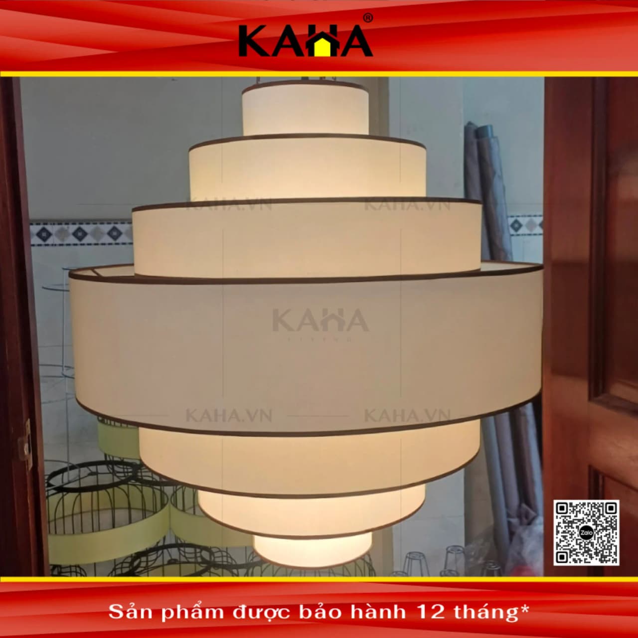 Đèn thả trần thông tầng 5 tầng chao vải trắng kem dáng tháp KAHA