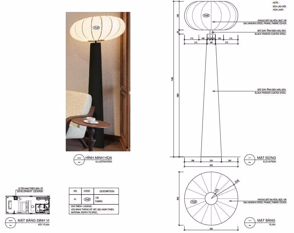 Bản vẽ kỹ thuật đèn sàn linen full KAHA dùng để chốt kích thước trước khi vào khung