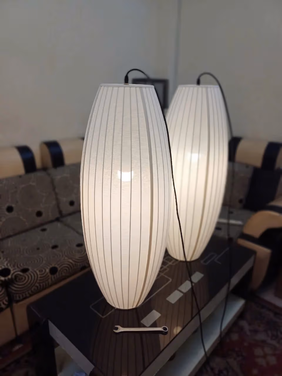 Đèn thả trần oval xếp ly phối 2 vải cho phòng ngủ phong cách Đông Dương, mẫu thật xưởng Kaha