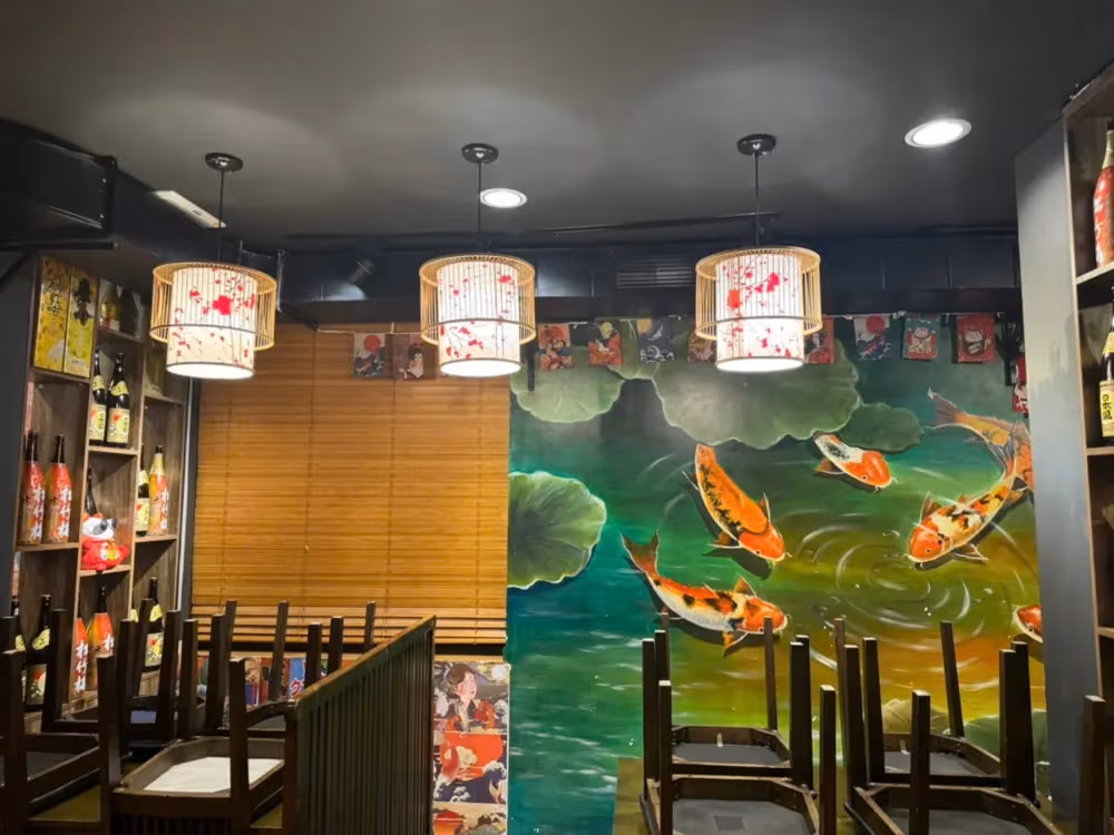 đèn drum vải in hoa koi nhà hàng nhật tinh tế kaha