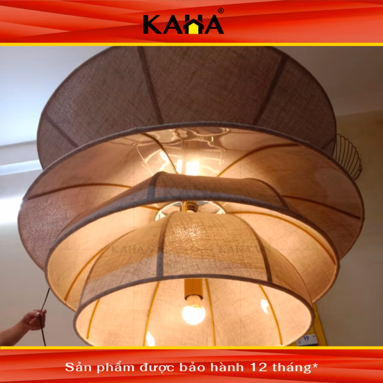 Đèn thả vải nón dẹt tròn màu nâu beige cho bàn ăn