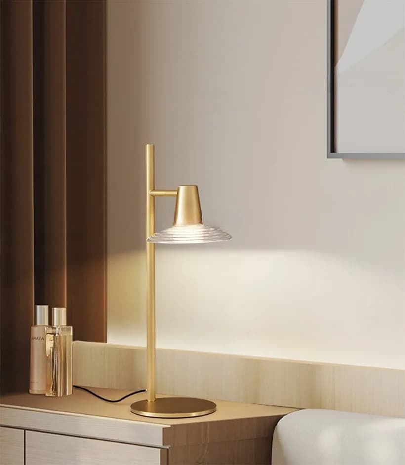 Đèn bàn chụp thủy tinh gân sóng đầu côn cột đứng tay đòn KH-DB146 Đèn bàn chụp thủy tinh gân sóng đầu côn cột đứng tay đòn KH-DB146