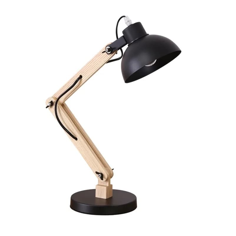 Đèn bàn làm việc cần gỗ hai khúc khớp gập chụp vòm đen KH-DB152 Đèn bàn làm việc cần gỗ hai khúc khớp gập chụp vòm đen KH-DB152