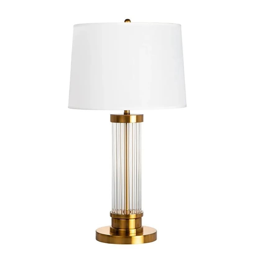 Đèn bàn thân thanh trong suốt đế vàng chụp vải trắng KH-DB125 Đèn bàn thân thanh trong suốt đế vàng chụp vải trắng KH-DB125
