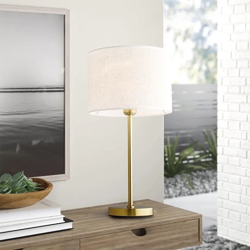Đèn để bàn chân vàng đồng chụp vải trụ kem KH-DB102 Đèn để bàn chân vàng đồng chụp vải trụ kem KH-DB102