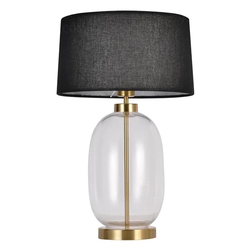 Đèn để bàn thân thủy tinh trứng dài đế vàng chụp vải đen KH-DB134 Đèn để bàn thân thủy tinh trứng dài đế vàng chụp vải đen KH-DB134