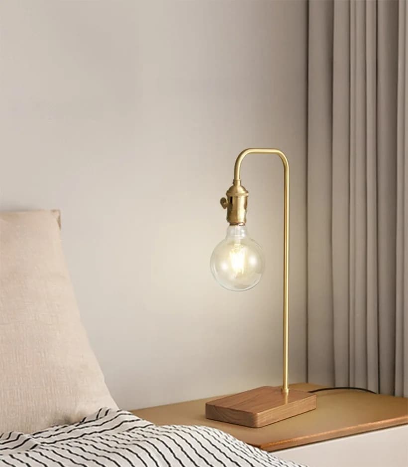 Đèn ngủ để bàn cần đồng uốn chữ U ngược đế gỗ bóng tròn KH-DB137 Đèn ngủ để bàn cần đồng uốn chữ U ngược đế gỗ bóng tròn KH-DB137