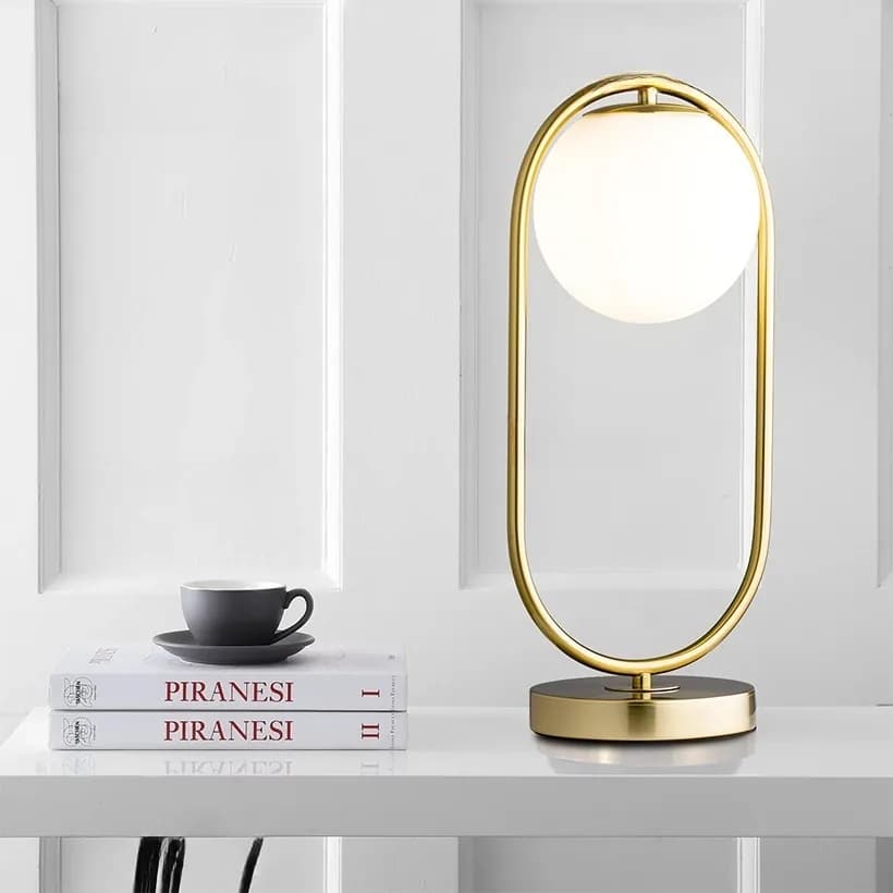 Đèn ngủ để bàn khung vòng oval vàng đồng cầu opal đế đĩa KH-DB167 Đèn ngủ để bàn khung vòng oval vàng đồng cầu opal đế đĩa KH-DB167